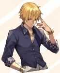  1boy aoten_(aoiroarekore) blonde_hair bracelet buttons checkered_clothes collared_shirt commentary_request cowboy_shot dress_shirt earrings fate/grand_order fate_(series) fingernails gilgamesh_(fate) gold_bracelet gold_earrings gold_necklace hand_in_pocket hand_up highres jewelry long_sleeves male_focus necklace red_eyes shirt short_hair sleeves_past_elbows solo twitter_username two-tone_background 