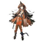  1girl arknights black_footwear brown_hair chain feathers jacket kafka_(arknights) long_hair looking_at_viewer norizc official_art orange_eyes orange_pants oripathy_lesion_(arknights) pants prison_clothes shirt smile solo teeth transparent_background white_shirt 