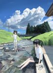  2girls absurdres black_hair black_shorts blue_sky bottle brown_eyes brown_hair camisole cloud day highres holding holding_bottle multiple_girls original outdoors ponytail power_lines rural sakiika0513 sandals sandals_removed shirt shorts skirt sky soaking_feet stream tree utility_pole water water_bottle white_shirt white_skirt 