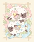  2others :3 bell blue_ribbon blush_stickers border brown_background brown_border closed_eyes grass hooves jumping leaf multiple_others open_mouth pokemon pokemon_(creature) red_ribbon ribbon samantha_whitten sheep watermark wooloo 