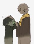  2boys absurdres arm_up bungou_stray_dogs cape closed_eyes closed_mouth edogawa_ranpo_(bungou_stray_dogs) fukuzawa_yukichi_(bungou_stray_dogs) haori headpat highres japanese_clothes long_sleeves male_focus multiple_boys profile rinu scarf short_hair simple_background spot_color sweatdrop wide_sleeves yellow_scarf 