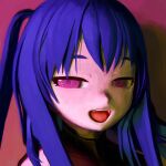  1girl black_jacket blue_hair close-up crossed_bangs fang hair_between_eyes highres jacket long_hair non-web_source one_side_up open_mouth original pink_background pink_eyes portrait purple_pupils shadow side_ponytail simple_background smile solo teeth ufoshock upper_teeth_only 