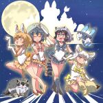  4girls :&gt; alternate_costume animal_ears bishoujo_senshi_sailor_moon black_hair blonde_hair blue_bow blue_bowtie blue_footwear blue_skirt blush boots bow bowtie cat_ears cat_girl cat_tail common_raccoon_(kemono_friends) elbow_gloves extra_ears fennec_(kemono_friends) fox_ears fox_girl fox_tail gloves grey_hair hair_between_eyes helmet high_heel_boots high_heels kaban_(kemono_friends) kemono_friends lucky_beast_(kemono_friends) moon multicolored_hair multiple_girls night night_sky open_mouth paw_pose pith_helmet pleated_skirt raccoon raccoon_ears raccoon_girl raccoon_tail red_bow red_bowtie red_footwear red_skirt sailor_collar sailor_shirt serval_(kemono_friends) shirt short_hair sidelocks skirt sky sleeveless smile sweatdrop tail umikaze_shuu white_gloves white_hair white_shirt yellow_bow yellow_bowtie yellow_eyes yellow_footwear yellow_skirt 