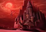  building castle clock cloud dragon highres moon night no_humans red_moon red_theme scenery shouu western_dragon 