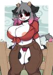  2023 anthro areola areola_outline big_breasts black_body black_fur bottomwear bovid bovine breasts cattle clothing crotchless_bottomwear crotchless_clothing crotchless_pants ear_piercing female fence fur hi_res holstein_friesian_cattle horn huge_breasts kemono mammal pants piercing plant red_clothing red_shirt red_topwear shirt simple_background slightly_chubby smile snow_angel_(artist) solo tied_clothing topwear underwear white_body white_fur 