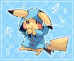  :o animal_focus blue_raincoat border buttons colored_skin commentary_request dot_nose hanabusaoekaki highres no_humans pikachu pokemon pokemon_(creature) solid_oval_eyes tail umbrella water_drop white_border yellow_skin 