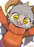  anthro blush bolgogi bovid caprine clothed clothing digital_media_(artwork) fur goat grey_body grey_fur happy hi_res horn kemono3636 looking_at_viewer male mammal open_mouth simple_background smile solo yellow_eyes 