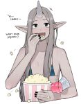  1girl artificial_vagina bikini bikini_top_only black_nails blush earrings eating english_text food horns jewelry long_hair looking_at_viewer ohasi oni_(ohasi) oni_horns open_mouth original pointy_ears popcorn sex_toy simple_background single_horn swimsuit white_background 