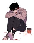  1boy black_hair black_pants black_socks blood blood_on_face blood_on_hands brown_shirt coffee_cup covered_mouth crossed_arms cup disposable_cup eoduun_badaui_deungbul-i_doeeo full_body grey_footwear hair_between_eyes highres knees_up long_sleeves male_focus pants park_moo-hyun shirt shoes short_hair simple_background sitting sneakers socks solo sungsil2sungsil white_background 