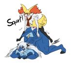  absurd_res alpha_channel anthro anthrofied balls big_breasts blue_body bodily_fluids braixen breasts butt canid canine clothing cum cum_in_pussy cum_inside doggystyle duo ejaculation eyewear female female_penetrated from_behind_position fur generation_5_pokemon generation_6_pokemon genital_fluids genitals glasses hair hi_res inner_ear_fluff jack-o&#039;_pose larger_female male male_on_anthro male_on_top mammal muscular muscular_anthro muscular_female nintendo nipples nude on_top open_mouth penetration penis pokemon pokemon_(species) pose pussy samurott scarf sex size_difference smile text tuft waltia_(shieradevil) white_body yellow_body yellow_fur 