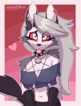  &lt;3 2023 animated anthro blep blush canid canid_demon clothing collar dandy_(artist) demon ear_piercing female front_view hair hellhound helluva_boss hi_res inner_ear_fluff long_hair looking_at_viewer loona_(helluva_boss) mammal navel notched_ear piercing red_sclera shaking_breasts shoulder_tuft silver_hair solo spiked_collar spikes tail tail_motion tailwag tongue tongue_out tuft 
