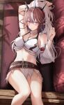 1girl arknights arm_behind_head arm_up armpits bare_shoulders belt black_belt blue_eyes blush breasts brown_hair choker crop_top detached_sleeves feet_out_of_frame hair_between_eyes halterneck hand_up highres horns jewelry kirin_x_yato_(arknights) long_hair long_sleeves looking_at_viewer lying medium_breasts midriff miniskirt mole mole_under_eye monster_hunter_(series) multicolored_hair navel necklace on_back parted_lips pointy_ears ru_zhai single_sleeve skirt sleeveless solo stomach streaked_hair thighs torn_clothes torn_skirt white_choker white_skirt white_sleeves yato_(arknights) 
