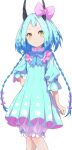  1girl blue_dress blue_hair blue_ribbon blush braid camui1104 commentary_request dragon_horns dress hand_on_own_hip highres horn_ornament horn_ribbon horns long_braid long_hair looking_at_viewer madelyn_(re:zero) multicolored_hair pink_ribbon polka_dot polka_dot_dress polka_dot_hair re:zero_kara_hajimeru_isekai_seikatsu ribbon simple_background slit_pupils solo two-tone_hair white_background yellow_eyes 
