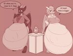  anthro big_breasts breasts bumpywish clothed clothing colored dialogue dragon duo embarrassed english_text female fertility_idol hi_res horn hyper hyper_pregnancy pillar pregnant rapid_pregnancy red_body speech_bubble standing surprised_expression text thick_thighs torn_clothing unborn_kicking wings 