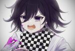  1boy :d black_hair blood blood_on_clothes blood_on_face checkered_clothes checkered_scarf crying danganronpa_(series) danganronpa_v3:_killing_harmony fuyu_ko gradient_background grey_background highres male_focus multicolored_hair oma_kokichi pink_blood purple_hair scarf smile solo tears teeth tongue two-tone_hair 