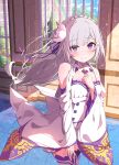  1girl bare_shoulders breasts closed_mouth commentary_request detached_sleeves dress emilia_(re:zero) floating_hair flower frills grey_hair hair_flower hair_ornament hair_ribbon hand_on_own_chest highres indoors long_hair long_sleeves looking_at_viewer miniskirt official_art pleated_skirt pointy_ears purple_eyes purple_ribbon re:zero_kara_hajimeru_isekai_seikatsu ribbon rose skirt small_breasts smile solo spice_mega textless_version thighhighs white_dress white_flower white_rose white_skirt white_thighhighs 