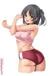  1girl alternate_costume ass bare_shoulders black_hair blush breasts brown_eyes buruma cowboy_shot cropped_legs ebifurya from_behind highres kantai_collection looking_at_viewer medium_breasts medium_hair midriff nagara_(kancolle) one-hour_drawing_challenge open_mouth pink_sports_bra red_buruma simple_background smile solo sports_bra stretching twitter_username underbutt white_background 