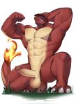  abs anthro balls biceps biped blue_eyes claws clothing dragon erection fangs fire flaming_tail flexing genitals glans hat headgear headwear hi_res iam_chuz kneeling looking_at_viewer male male/male muscular muscular_anthro muscular_arms muscular_legs muscular_male muscular_thighs navel pecs penis red_body simple_background solo solo_focus tail teeth triceps white_background white_claws 
