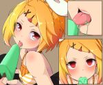  1girl bare_shoulders blonde_hair blush brown_background close-up commentary commission empty_eyes felt_(re:zero) fingernails food food_in_mouth hair_ornament hair_ribbon hairclip highres licking looking_at_viewer open_mouth orange_shirt parted_bangs pixiv_commission polka_dot polka_dot_background popsicle pov pov_hands psyto_qy2 re:zero_kara_hajimeru_isekai_seikatsu red_eyes ribbon sexually_suggestive shirt short_hair sleeveless sleeveless_shirt striped striped_shirt tongue tongue_out white_ribbon x_hair_ornament 