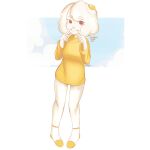  1girl absurdres artist_name borrowed_character breasts commentary egg_(food) egg_(lemyawn) english_commentary fingersmile food fried_egg full_body grin highres medium_breasts monster_girl nicuoi original signature slime_girl smile socks solo sweater yellow_sweater 