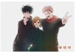  1girl 2boys :d black_eyes black_hair black_jacket black_pants brown_eyes brown_hair closed_mouth cowboy_shot facial_mark fushiguro_megumi grin hand_in_pocket hand_up highres hood hood_down hoodie itadori_yuuji jacket jujutsu_kaisen jujutsu_tech_uniform kugisaki_nobara lllou_illust long_sleeves looking_at_viewer multiple_boys open_mouth pants pink_hair red_hoodie school_uniform short_hair simple_background smile standing teeth undercut v white_background 