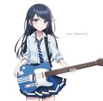  1girl black_eyes black_hair blue_necktie blue_shirt blush buttons closed_mouth collared_shirt commentary cowboy_shot dot_nose english_text guitar high-waist_skirt highres holding holding_instrument holding_plectrum hoshino_ichika_(project_sekai) instrument lawson long_bangs long_hair looking_at_viewer necktie noneon319 open_collar pinstripe_pattern pinstripe_shirt pleated_skirt plectrum project_sekai shirt shirt_tucked_in sidelocks signature simple_background skirt sleeves_rolled_up smile solo star_(symbol) striped striped_necktie swept_bangs thighs white_background 