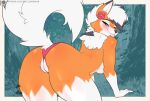  all_fours anthro anus barely_visible_anus blue_eyes breasts clothing dusk_lycanroc female flower_accessory fluffy fluffy_tail fur generation_7_pokemon genitals hair hi_res looking_back lycanroc mostly_nude nintendo panties pokemon pokemon_(species) pussy pussy_floss rear_view skylosminkan smile solo spikes tail tan_body tan_fur teeth underwear white_body white_fur white_hair 