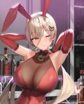  1girl alcohol animal_ears armpits bar_(place) bell black_bow black_bowtie bottle bow bowtie breasts breasts_day cleavage cocktail_glass collar covered_navel cup detached_collar drinking_glass elbow_gloves fake_animal_ears gloves hair_between_eyes hair_ornament heart heart_hair_ornament kanzarin large_breasts leotard long_hair neck_bell nijisanji nui_sociere one_eye_closed playboy_bunny rabbit_ears red_collar red_gloves red_leotard see-through_cleavage sweat upper_body wine_glass yellow_eyes 