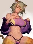  1girl abs animal_ears ass back bikini breasts dark-skinned_female dark_skin fang fumio_(rsqkr) green_hair highres large_breasts leopard_ears leopard_girl leopard_tail looking_at_viewer narrow_waist off_shoulder one_eye_closed original purple_bikini scar scar_across_eye short_hair sitting sports_bikini sports_bra sports_panties sportswear swimsuit tail thick_thighs thighs top-down_bottom-up 