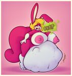  anthro anthro_pred big_breasts blonde_hair breasts buckteeth burp_cloud burping digestion digestion_noises digital_media_(artwork) female female_pred hair hand_on_hip hi_res huge_belly huge_breasts hybrid lagomorph leaning leaning_forward leporid mammal navel pink_body rabbit solo struggling_prey stunnerpony tail teeth thick_tail vore 