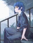  1girl absurdres blue_hair bocchi_the_rock! closed_eyes collared_shirt fog highres looking_ahead mole mole_under_eye muina neck_ribbon outdoors pants ribbon shirt short_hair sitting sitting_on_stairs solo stairs sweater_vest tree white_shirt yamada_ryou 