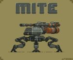  artist_request battle_of_titans character_name extra_legs gatling_gun mecha mechanical_legs metal mite_(battle_of_titans) robot sepia_background simple_background spider_tank viewfinder walker 