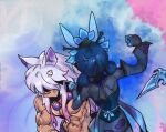  1boy 1girl anger_vein animal_ears arm_up bandaid bandaid_on_head bare_shoulders bead_necklace beads blue_background blue_flower clenched_hand detached_sleeves evelynn_(league_of_legends) flower hair_flower hair_ornament japanese_clothes jewelry kimono league_of_legends medium_hair muscular muscular_male necklace phantom_ix_row pink_background short_kimono spirit_blossom_evelynn white_hair 