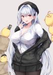  1girl :p azur_lane beret black_headwear black_jacket black_pantyhose black_skirt box breasts cardboard_box cellphone collared_shirt commentary_request dress_shirt grey_background grey_hair hair_between_eyes hair_intakes hand_on_own_hip hand_up hat highres holding holding_phone irohara jacket long_hair long_sleeves manjuu_(azur_lane) medium_breasts navel one_side_up pantyhose phone pleated_skirt red_eyes scylla_(azur_lane) shirt simple_background skirt sleeves_past_fingers sleeves_past_wrists solo tongue tongue_out v very_long_hair white_shirt 