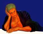  1boy bara bored dark-skinned_male dark_skin elbow_rest feet_out_of_frame green_hair highres japanese_clothes kimono large_pectorals looking_at_viewer male_focus nok_(nok_1) one_piece pectoral_cleavage pectorals roronoa_zoro scar scar_across_eye short_hair solo 