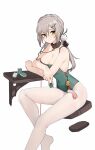  1girl bare_arms bare_shoulders between_fingers blush braid breasts cleavage closed_mouth commentary_request covered_navel crown_braid feet_out_of_frame green_eyes green_leotard grey_hair hair_between_eyes hair_ornament hairclip highres holding honkai:_star_rail honkai_(series) inniyik leotard long_hair looking_at_viewer low_twintails mahjong mahjong_tile medium_breasts no_shoes pantyhose qingque_(honkai:_star_rail) simple_background smile solo strap_slip table twintails white_background white_pantyhose 