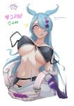  1girl black_bra black_garter_belt black_panties blue_eyes blue_hair blue_wings blush bra breasts collarbone elira_pendora garter_belt gloves hair_ornament hair_over_one_eye head_wings large_breasts lingerie long_hair meme myth1carts nijisanji nijisanji_en one_eye_covered open_mouth overall_shorts overalls panties patreon_logo pixiv_logo selen_tatsuki solo twitter_logo twitter_strip_game_(meme) underwear virtual_youtuber white_background wings 