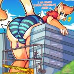  1:1 anthro backsack balls big_butt biped blue_eyes bulge butt city city_destruction clothing digital_media_(artwork) embarrassed english_text extreme_size_difference felid femboy fur genitals group hair landscape_dwarfing macro male mammal nagi_(nagifur) nagifur panties shy simple_background size_difference stuck tail text thick_thighs topwear underwear wide_hips 