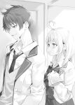  1boy 1girl absurdres ahoge alisa_mikhailovna_kujou blazer blush bow bowtie breasts collared_shirt greyscale highres jacket long_hair masachika_kuze momoko_(momopoco) monochrome necktie novel_illustration official_art open_clothes open_jacket open_mouth shirt short_hair tears teeth tokidoki_bosotto_roshia-go_de_dereru_tonari_no_arya-san wing_collar 