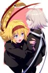  2girls ahoge alternate_costume black_jacket black_pants blonde_hair blue_eyes blush braid braided_ponytail buttons commentary_request echo_(circa) fate/grand_order fate_(series) gakuran grey_hair headband holding_another&#039;s_arm jacket jeanne_d&#039;arc_(fate) jeanne_d&#039;arc_alter_(fate) long_hair looking_at_another multiple_girls open_mouth pants red_headband school_uniform short_hair smile teeth twitter_username uniform very_long_hair yellow_eyes 