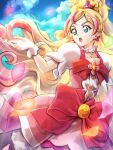  1girl blonde_hair blue_eyes blue_sky bow clear_glass_(mildmild1311) cloud cloudy_sky cowboy_shot cure_flora earrings flower flower_brooch flower_earrings flower_necklace gloves go!_princess_precure haruno_haruka highres jewelry long_hair magical_girl multicolored_hair open_mouth outdoors petals pink_bow pink_hair pink_skirt precure skirt sky smile solo streaked_hair two-tone_hair waist_bow waist_brooch white_gloves 