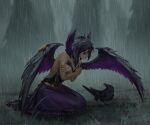  1girl absurdres bare_arms bare_shoulders bird black_hair breasts cleavage closed_eyes crossed_arms crow dress fingernails grass highres league_of_legends medium_breasts morgana_(league_of_legends) nail_polish pirateinvicta purple_dress purple_nails rain sharp_fingernails short_hair sitting solo tree wings 