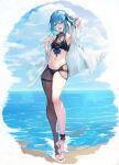  1girl alternate_costume ankle_strap aqua_hair arm_up armpits bare_shoulders barefoot bikini blue_eyes blue_hair blue_nails breasts cloud cloudy_sky colored_inner_hair commentary day eyelashes feet full_body green_ribbon hair_between_eyes hair_ribbon hand_up heel_up highres hololive hoshimachi_suisei kinoko_(shikimylove) legs long_legs looking_at_viewer multicolored_hair nail_polish navel no_shoes ocean one_side_up open_clothes open_mouth open_shirt outdoors ribbon shirt side_ponytail sidelocks single_leg_pantyhose sky small_breasts solo standing stomach swimsuit thigh_strap thighs toeless_legwear toenail_polish toenails toes virtual_youtuber wet wet_hair white_shirt 