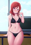  1girl black_bra black_panties bra breasts cleavage cowboy_shot highres looking_at_viewer love_live! love_live!_school_idol_project medium_breasts medium_hair monitor navel nishikino_maki panties purple_eyes red_hair solo stomach table thighs underwear window yuzucchiart 