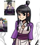  1girl ace_attorney arms_behind_back black_eyes black_hair closed_mouth collarbone derivative_work game_screenshot_inset japanese_clothes jewelry kimono long_hair looking_at_viewer maya_fey multiple_views necklace peargor ponytail purple_kimono purple_sash sash screencap_redraw smile standing very_long_hair 