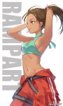  1girl abs apex_legends armpits arms_up breasts brown_hair check_commentary commentary commentary_request dark_skin facial_mark hair_tie hair_tie_in_mouth highres jumpsuit jumpsuit_around_waist looking_ahead mouth_hold navel orange_jumpsuit pants ponytail rampart_(apex_legends) sideboob signature simple_background small_breasts stomach sweat swimsuit tan tying_hair white_background yellow_eyes yokoi_aya 