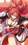  1girl amputee baiken big_hair black_jacket black_kimono breasts eyepatch facial_tattoo guilty_gear guilty_gear_strive highres jacket jacket_on_shoulders japanese_clothes kamata_(etoileazuki) kataginu katana kimono large_breasts multicolored_clothes multicolored_kimono one-eyed open_clothes open_kimono ponytail red_eyes red_hair samurai scar scar_across_eye scar_on_face sword tattoo torn_sleeve weapon white_kimono 