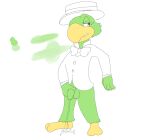  2016 4_fingers anthro avian balls bird boater_hat bodily_fluids bottomless bottomless_male bow_tie clothed clothing color_swatch digital_media_(artwork) disney dress_shirt feathers fingers flaccid foreskin front_view genital_fluids genitals green_balls green_body green_feathers green_penis half-closed_eyes hat headgear headwear humanoid_genitalia humanoid_penis jose_carioca male male_peeing narrowed_eyes nobodyshouse parrot peeing peeing_on_ground penis shirt shy simple_background solo sweat sweatdrop the_three_caballeros topwear unfinished urine white_background 