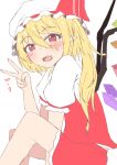  1girl :d bare_arms bare_legs between_legs blonde_hair blush bright_pupils commentary fangs feet_out_of_frame fingernails flandre_scarlet from_side hair_between_eyes hand_between_legs hand_up hat highres looking_at_viewer mizune_(winter) mob_cap open_mouth pointy_ears puffy_short_sleeves puffy_sleeves red_eyes red_skirt red_vest short_sleeves simple_background sitting skirt skirt_set slit_pupils smile solo symbol-only_commentary teeth touhou translation_request v vest white_background white_pupils 