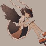 1girl bird_wings black_hair black_wings bobby_socks closed_mouth commentary_request crossed_legs frilled_skirt frills full_body geta grey_background hat highres holding holding_pen pen pointy_ears pom_pom_(clothes) ppire_(glaceppire) puffy_short_sleeves puffy_sleeves red_eyes red_footwear red_headwear red_ribbon red_skirt ribbon shameimaru_aya shirt short_hair short_sleeves simple_background skirt socks solo tengu-geta tokin_hat touhou white_shirt wings 